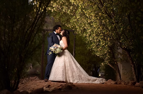 An evening portrait beneath the lit trees